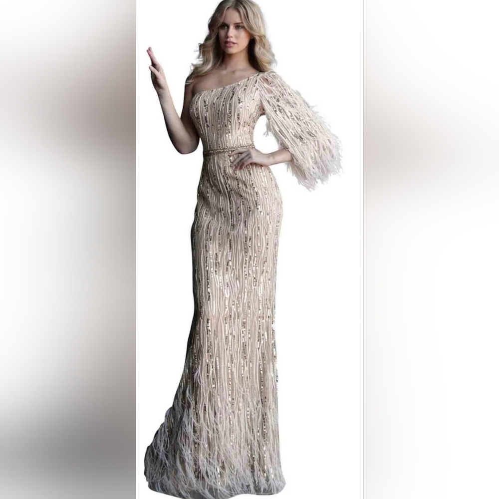 Jovani One Shoulder Gown Embellished Prom Dress GOLD Size 6 Style 63342